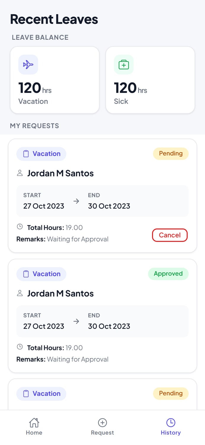 Leave App history and balances